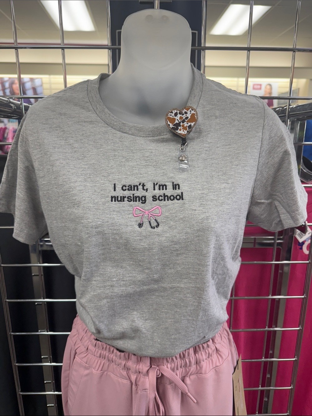 Gildan Gray "I Can't, I'm in Nursing School" Tee with Pink Bow